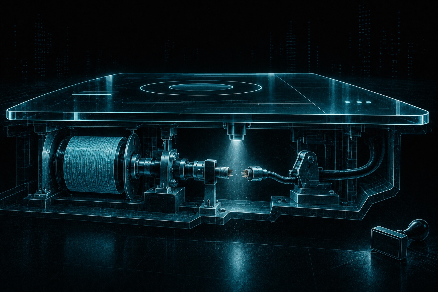 A smooth glass service panel reveals a blue-black cutaway below: a record spool, recovery coupling and a severed connection illuminated by a narrow inspection lamp.