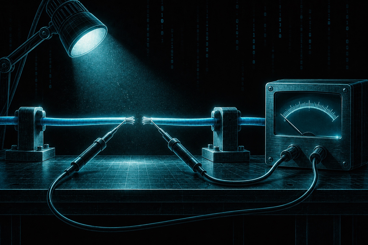 A floodlight illuminates a visibly broken blue wire. Two continuity probes touch opposite sides of the break, while the connected meter needle stays low; the test detects what illumination alone cannot.