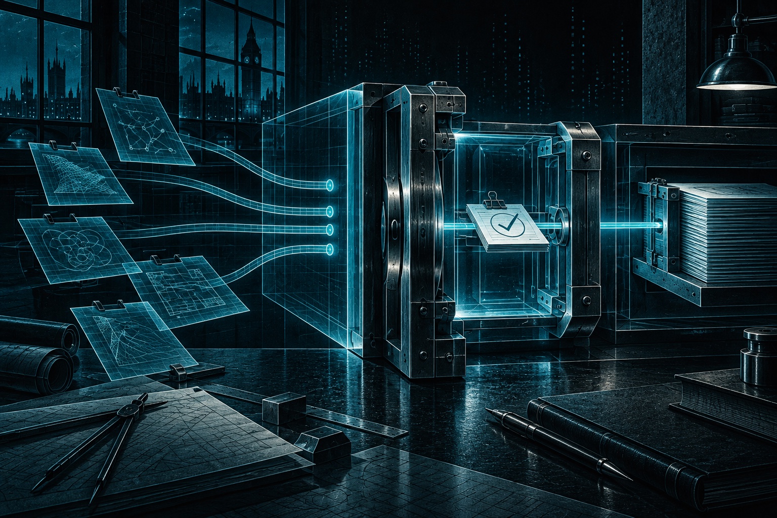 Several speculative blue drafting paths stop before a metal checking gate. One path carrying a clamped evidence card passes through to a documentary ledger beyond.