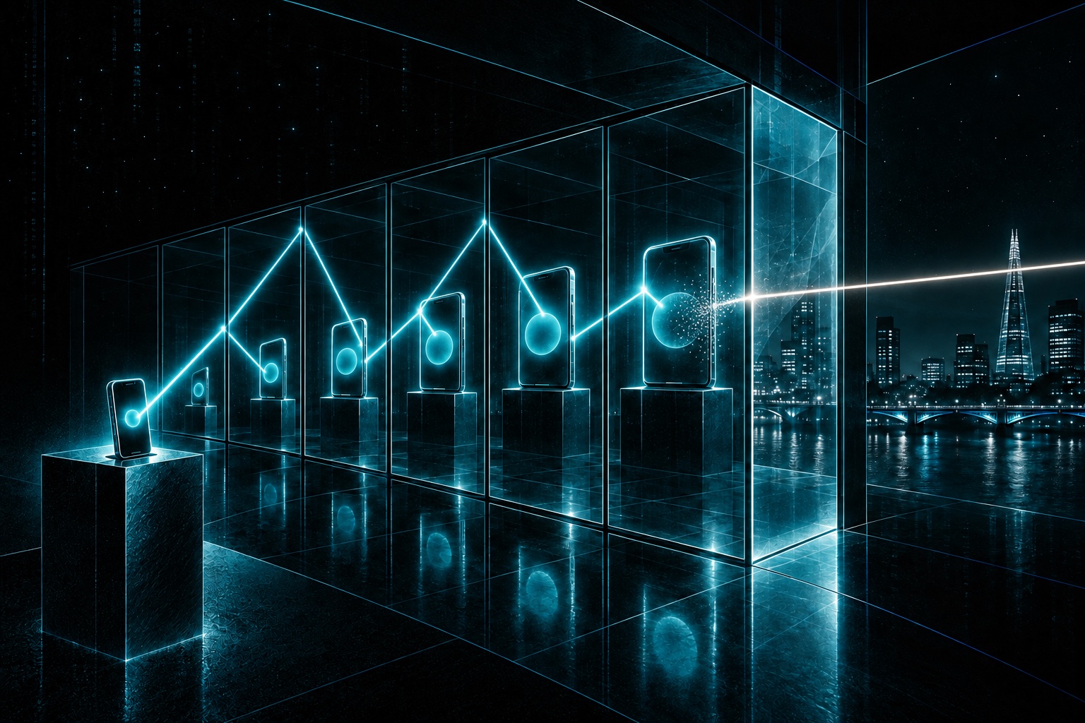 One blue source reflects through a receding corridor of glass panels. A separate off-white beam enters from outside modern London and dissolves the final reflection where it strikes.