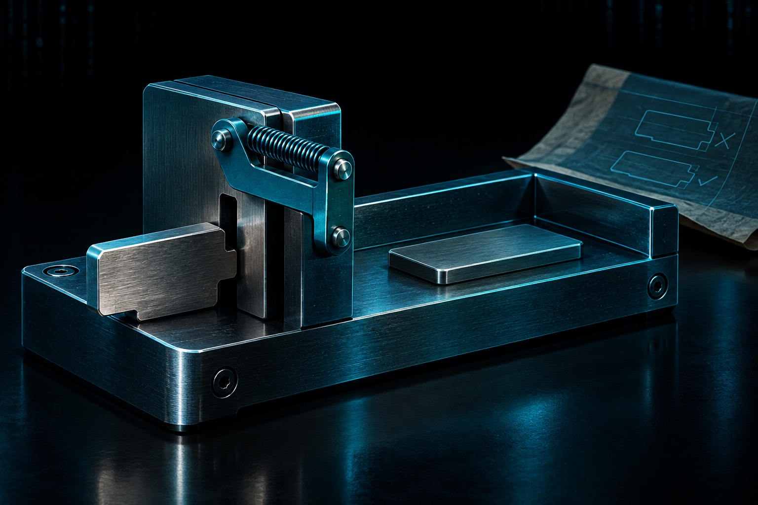 A notched metal test specimen stops at a spring-loaded no-go gauge, while an intact specimen lies on the tray beyond the slot. A disconnected instruction parchment remains to one side.