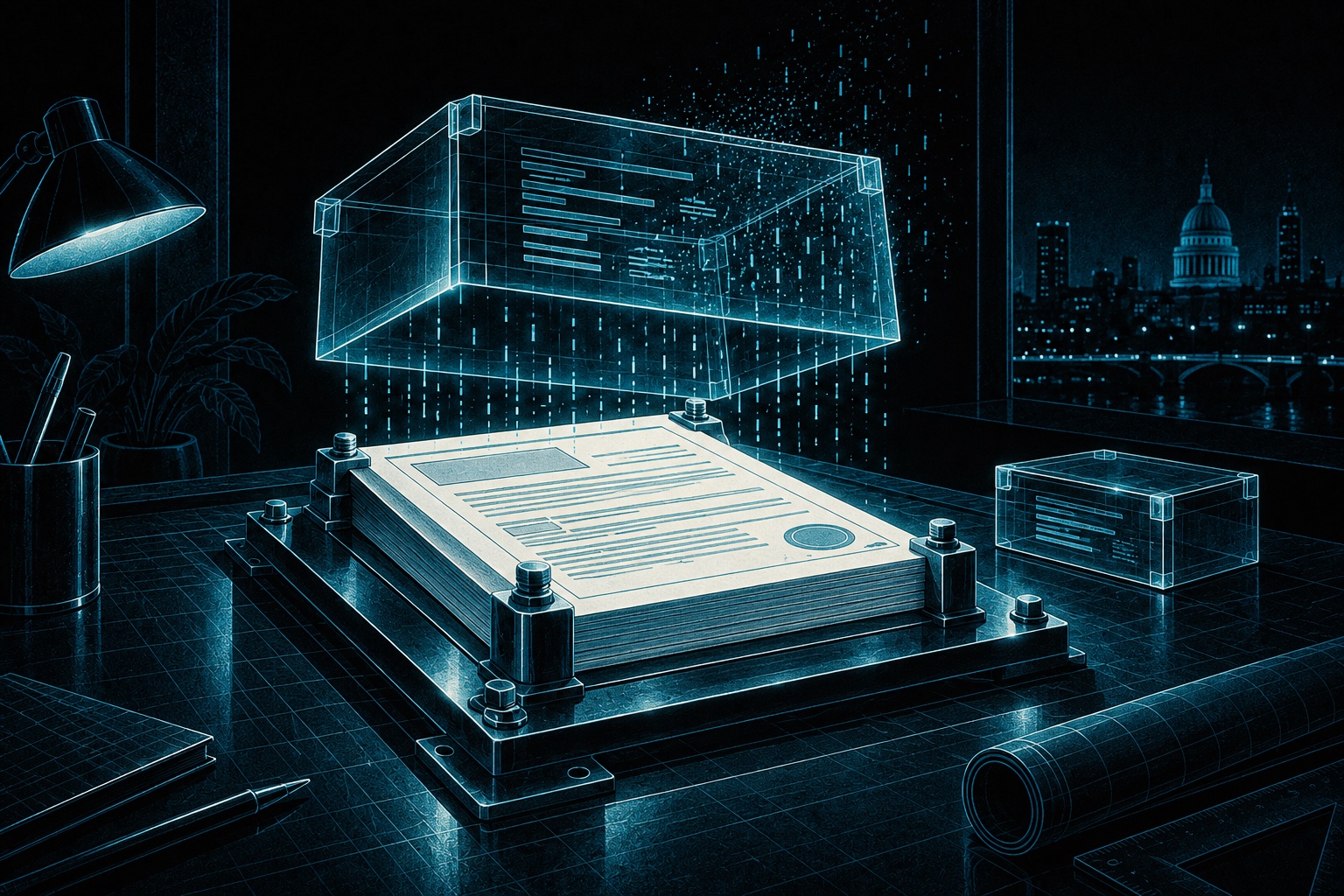 A temporary transparent context cassette lifts away and dissolves above a thick specification plan bolted to its chassis; a second removable cassette waits nearby.