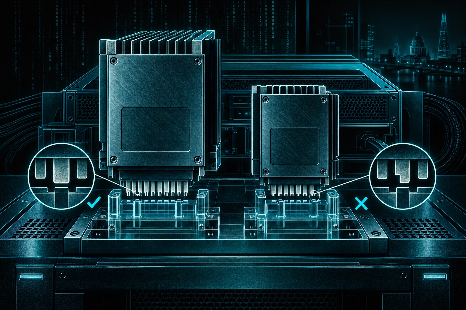 Two differently sized machine cartridges face a clear test fixture. An inset shows the larger contact profile mating while one smaller profile has a changed tooth that does not fit.