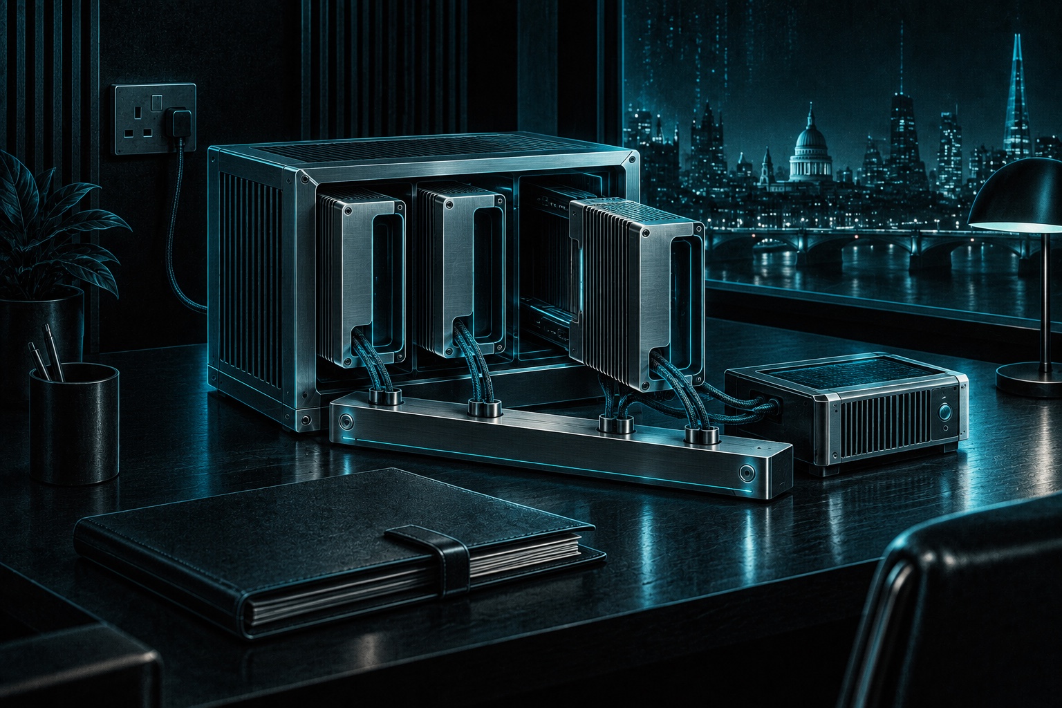 Three removable model-role cartridges fit into a compact locally powered patchbay. A bolted control rail and specification folder remain separate from the cartridges; a modern London skyline appears beyond the window.