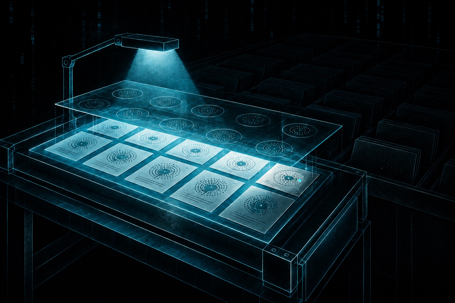 A blue-black archival light table illuminates a finite group of observation cards under a transparent normalization mask. One card carries an anomalous witness mark; a much larger unobserved archive recedes into darkness.