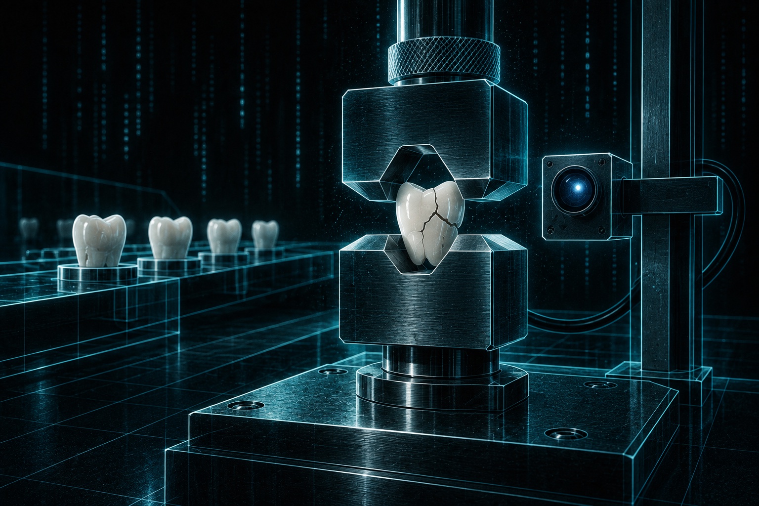 A precision test jaw catches a visibly cracked porcelain tooth while intact specimens wait behind it. The small witness lamp beside the gauge remains separate from the stopped specimen.