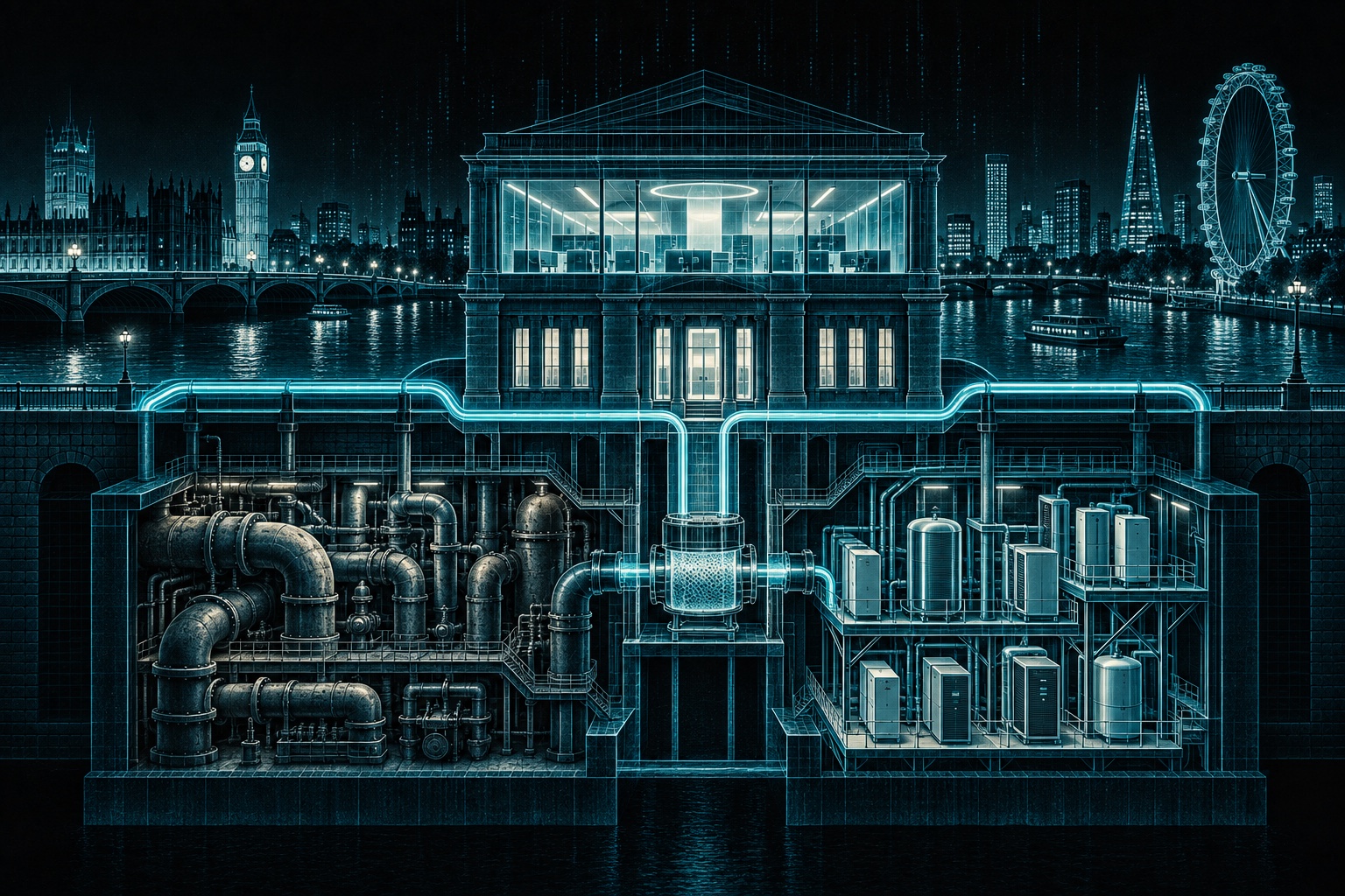 A London service building stays illuminated above two cutaway engine rooms. Dense old machinery and separate modular machinery feed the same measured blue coupling and an uninterrupted service line.