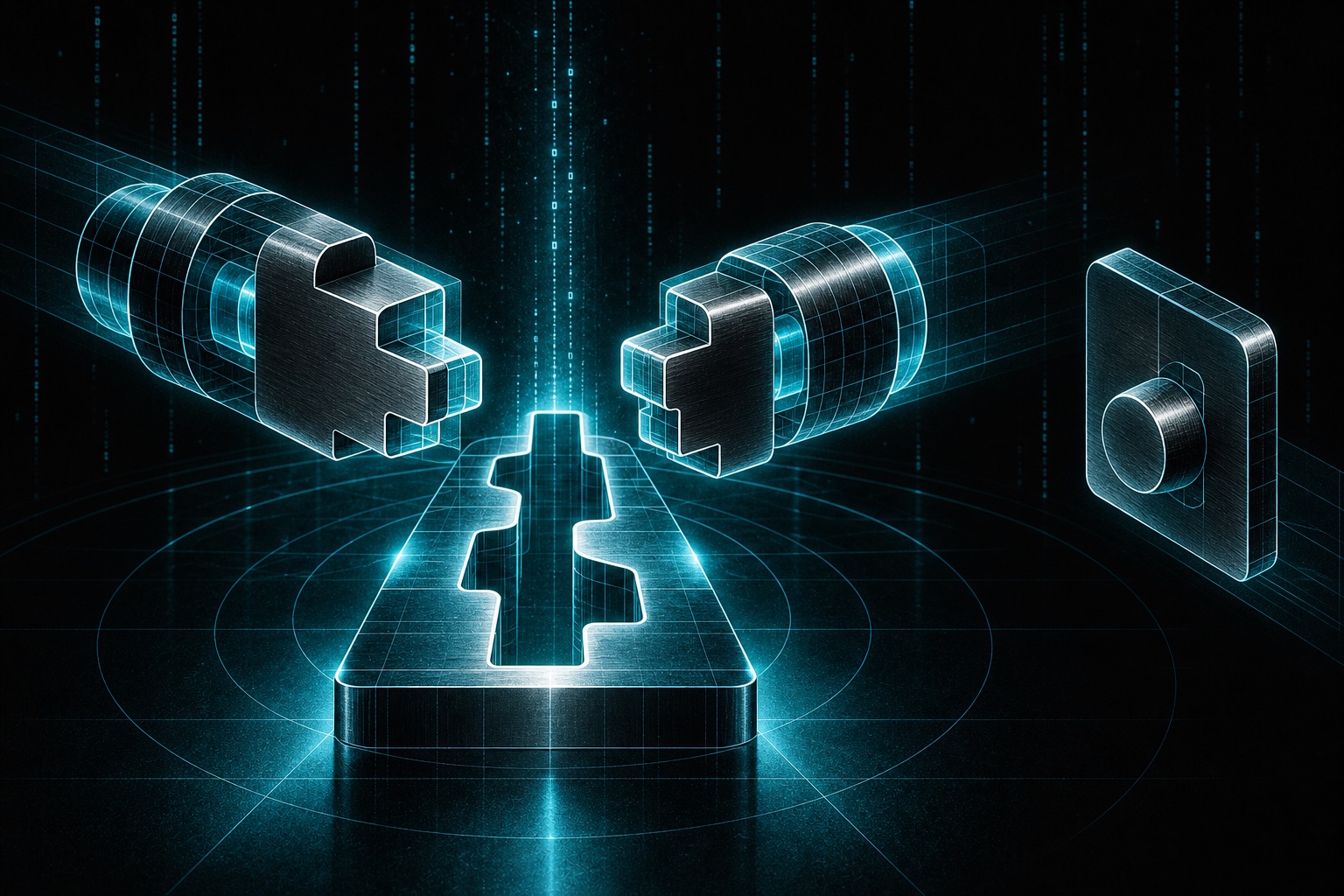 Two differently shaped consumer couplings fit the same blue identity spline in the centre. A third display plate has a round profile that cannot mate with that spline.