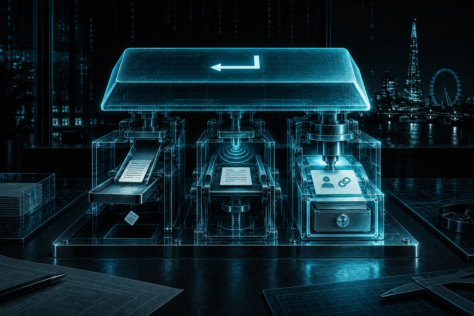 A single large blue submit key stands above three exposed mechanisms: a shallow discarded tray, a temporary delivery path and a locked durable cassette retaining a referral identity with its delivery obligation.