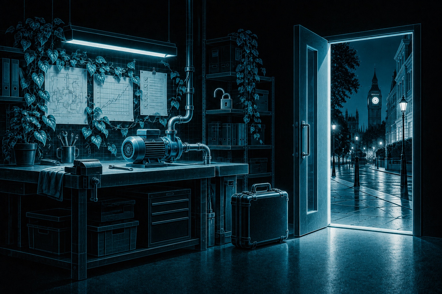 A fitted blue utility workshop has connected tools, accumulated records and climbing plants. Beside it, an unlocked door opens to a recognisable London street and a portable data case waits near the threshold.