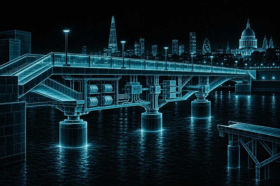 A completed blue-wireframe pedestrian bridge crosses London water. Beneath its calm deck, an accessible approach, record spools, permission controls and recovery supports are connected; a nearby shortcut ends before the far bank.