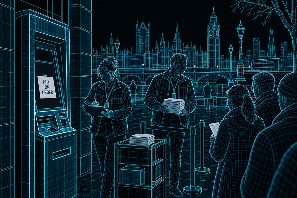 An out-of-order self-service terminal stands on a London pavement. Staff process a queue with paper forms and a clipboard because the promised service is unavailable.