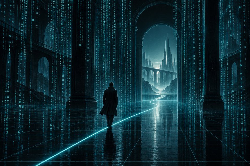 A person walks through deep blue character rain inside a midnight wireframe hall. The characters stop at an archway; a single luminous route continues towards the city beyond.