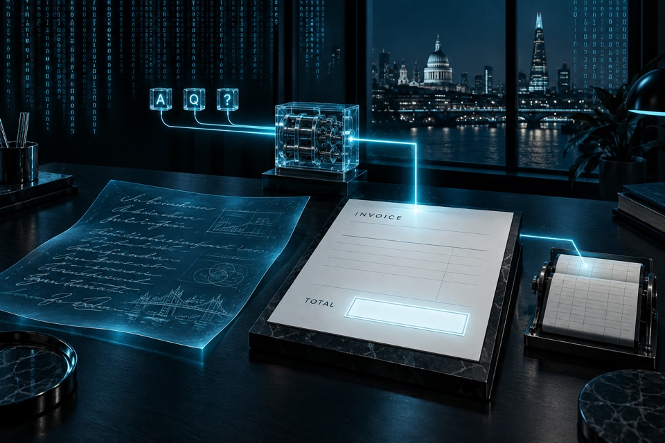 A translucent proposal sheet sits beside a mostly blank invoice and a physical ledger spool. Three candidate tokens feed a defined mechanical rule; a narrow blue line reaches the total field while code rain recedes behind a modern London skyline.