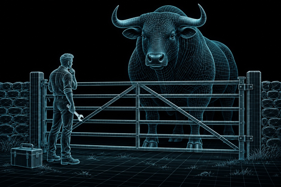 An engineer holding a wrench pauses before dismantling a closed farm gate. A very large calm bull looks back from the other side.
