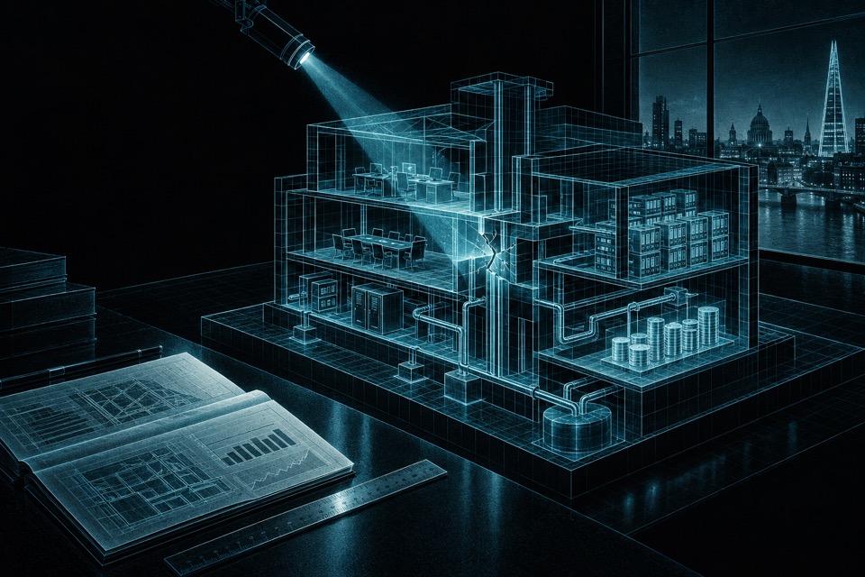 A precise wireframe model of a working service sits on an inspection desk. A narrow light reveals a stressed junction within connected offices, records and running machinery.