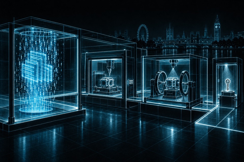 Blue code rain falls inside a proposal bay. A separate controlled engineering fixture makes a bounded part, another bay independently challenges it, and a release key remains locked and unconnected.