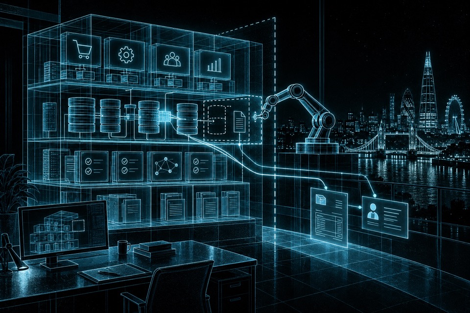 A transparent cabinet of records, data, tests and business functions sits behind a defined boundary. An agent tool waits outside it while blue traces show which customer records a change could affect.