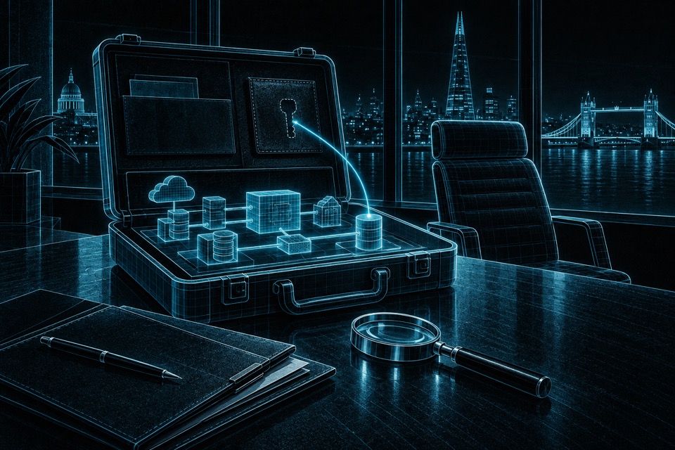 A portable service case is opened for inspection. Its connected workings are visible but a recovery key pocket is empty, with a vacant founder chair and evidence folio beside it.