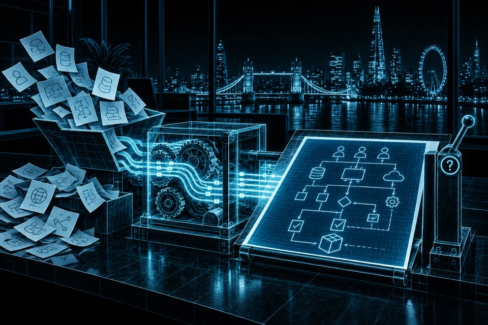 Scattered product request slips feed a precise drafting bench that produces a connected blueprint for roles, schema and checks. A lever pauses over one unresolved decision.