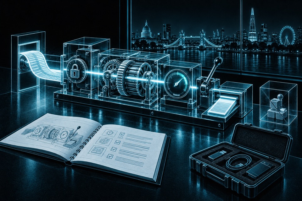 A complete service instrument moves a record through permission, calculation, monitoring, recovery and export mechanisms. Its operating manual and portable case sit ready for handover.