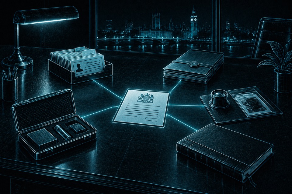 Six different business dossiers and working objects converge on one complete instrument at a dark London studio worktable.