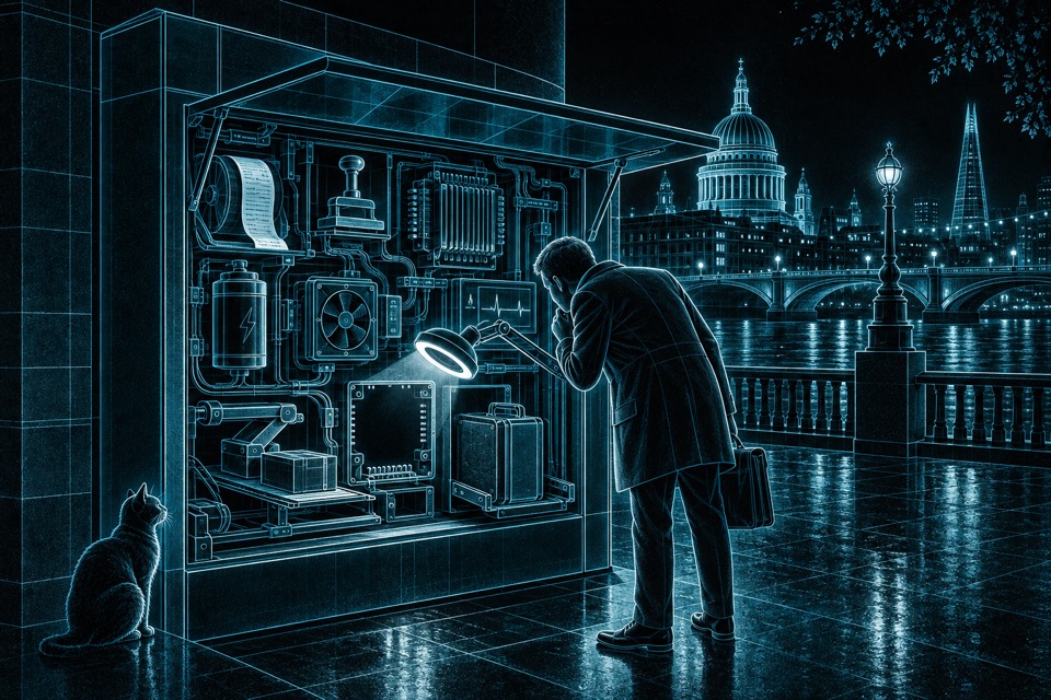 An inspector looks through a service facade into its connected workings with a lamp; a curious cat waits beside the open hatch.