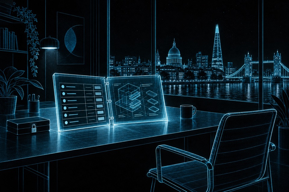 A transparent rate card stands open across a London studio table while a small locked sales case sits aside and a buyer chair faces the terms.