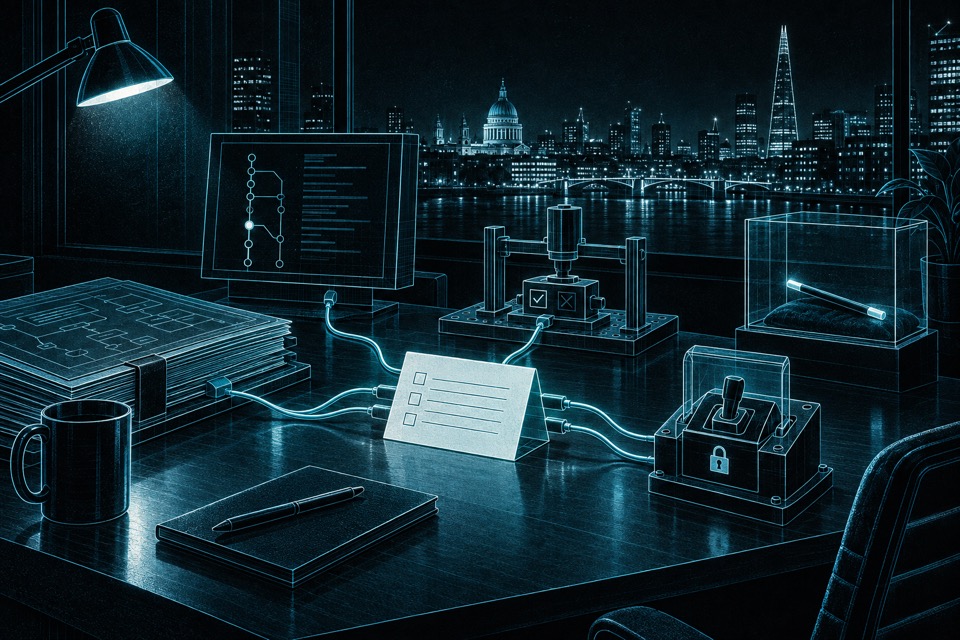 A task card is physically connected to a thick specification, a test fixture and a locked release switch; an unconnected magician’s wand remains behind glass.