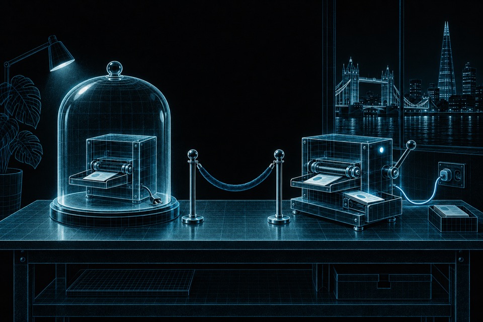 One tidy demonstration mechanism sits unplugged under a glass bell jar while a second modest mechanism is wired into operation beyond a velvet rope.