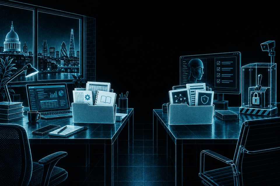 Two separated workbenches hold different work: a UK business software studio on one side and an independent AI enforcement instrument on the other.