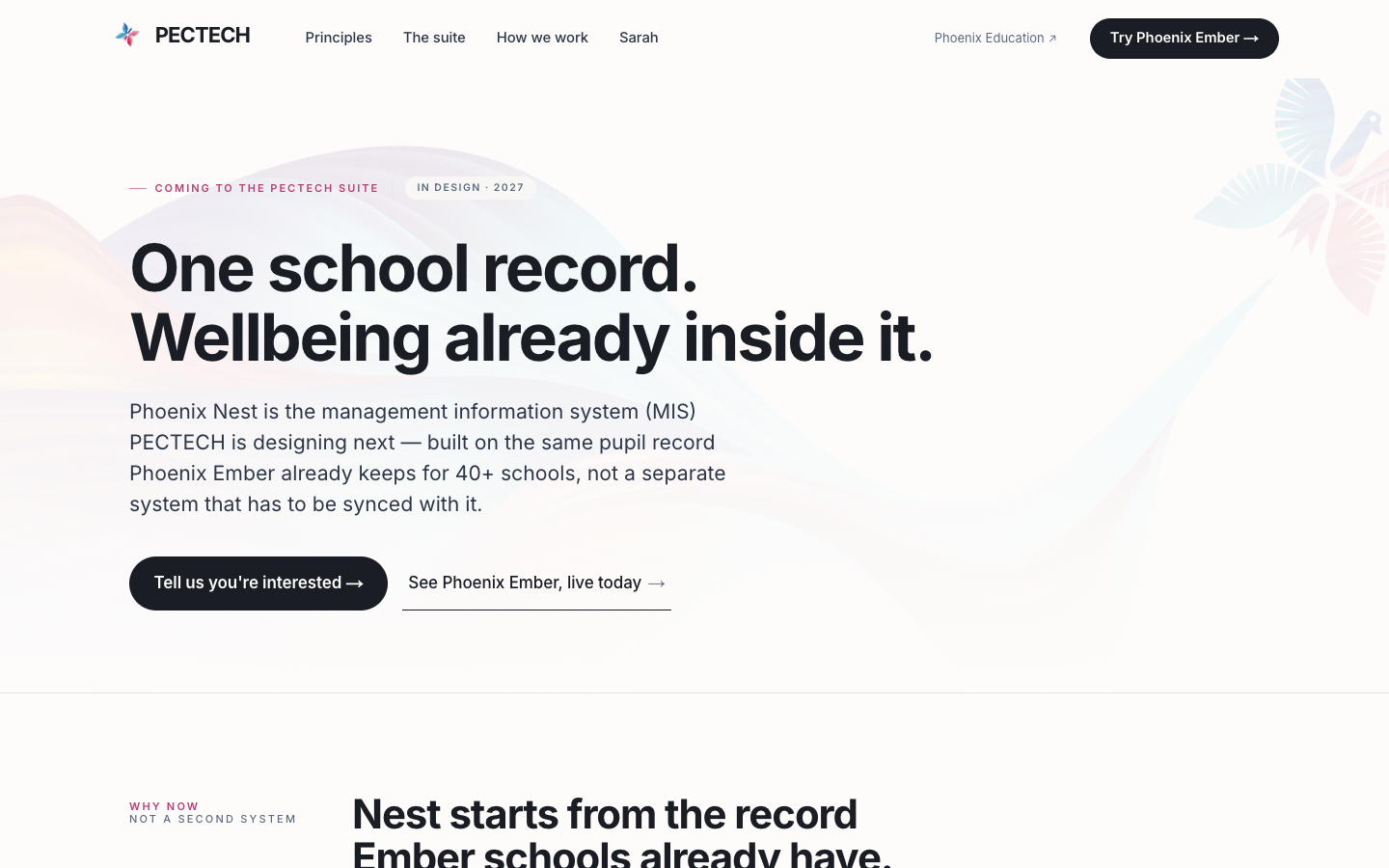 Phoenix Nest public design page stating that the school record product is in design for 2027