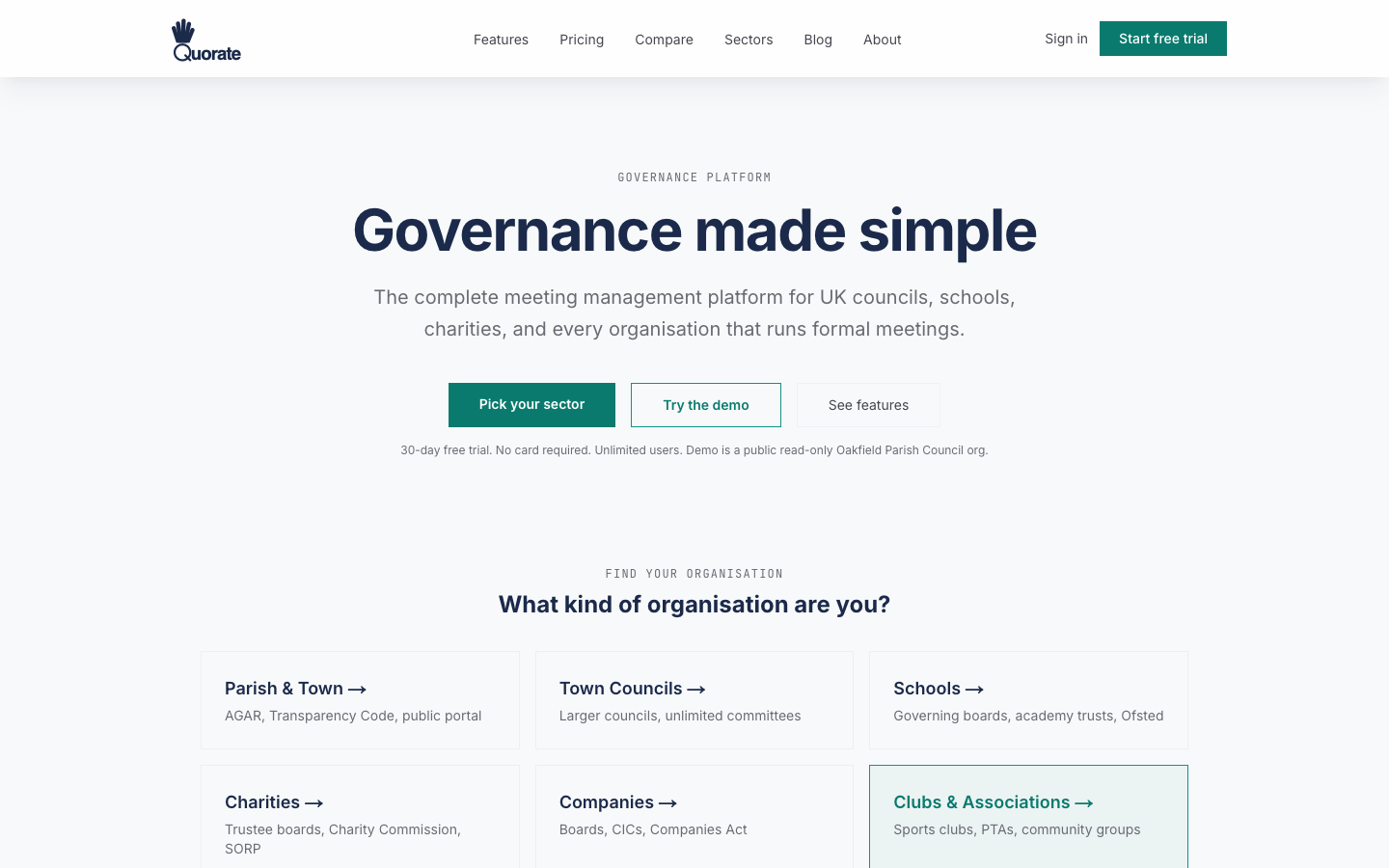 Quorate public website showing its governance and meeting management proposition