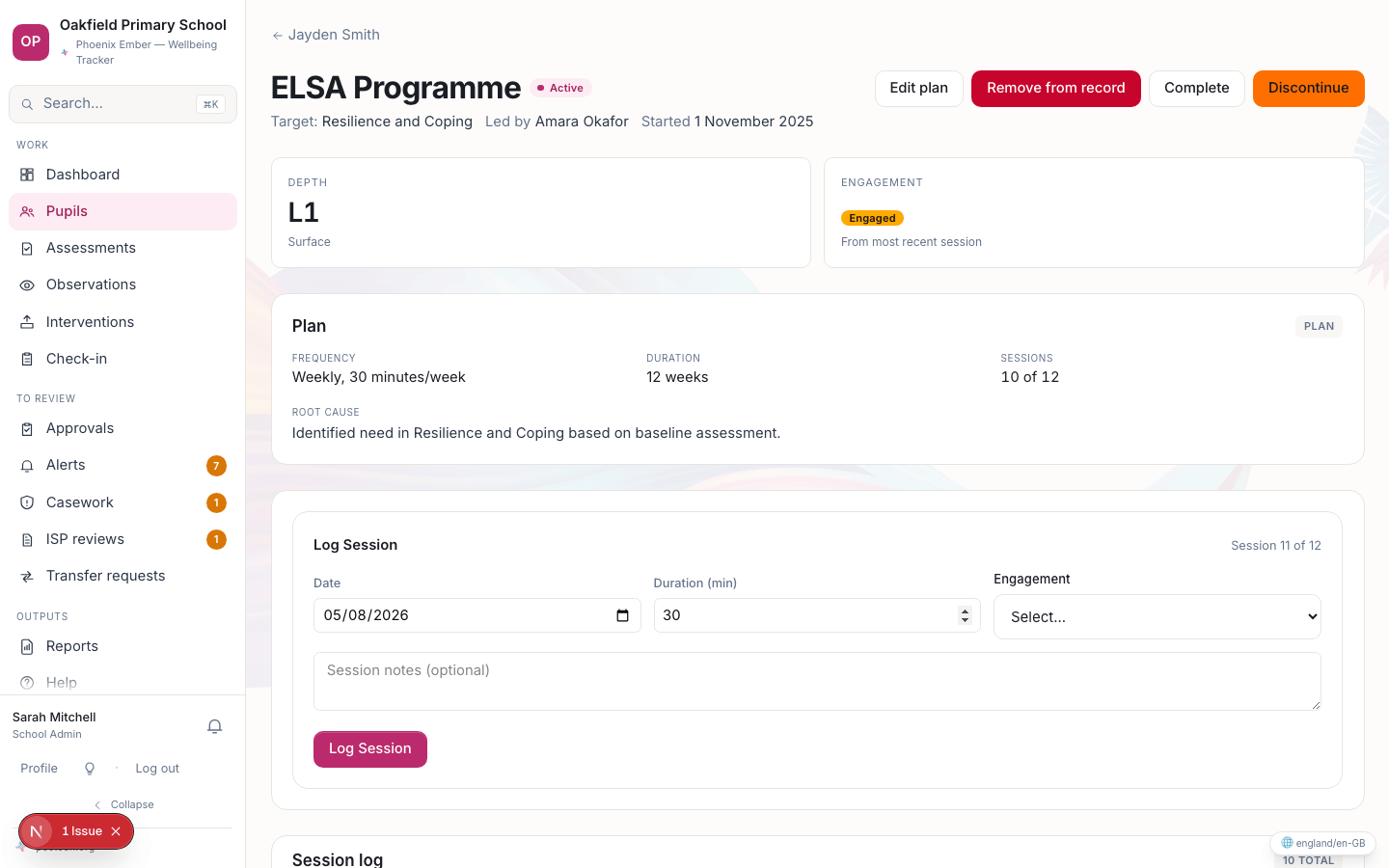 Phoenix Ember demonstration intervention record with a plan and session log